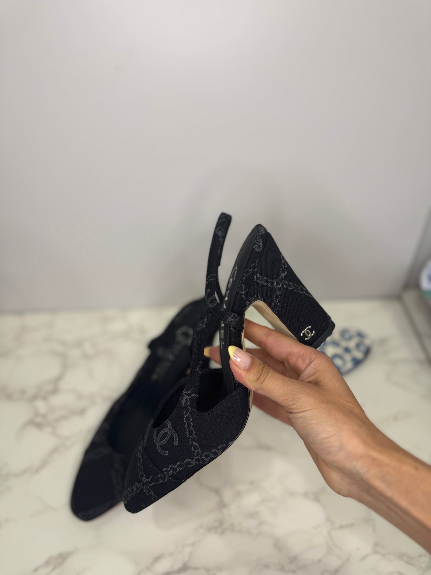 Heeled denim slingback