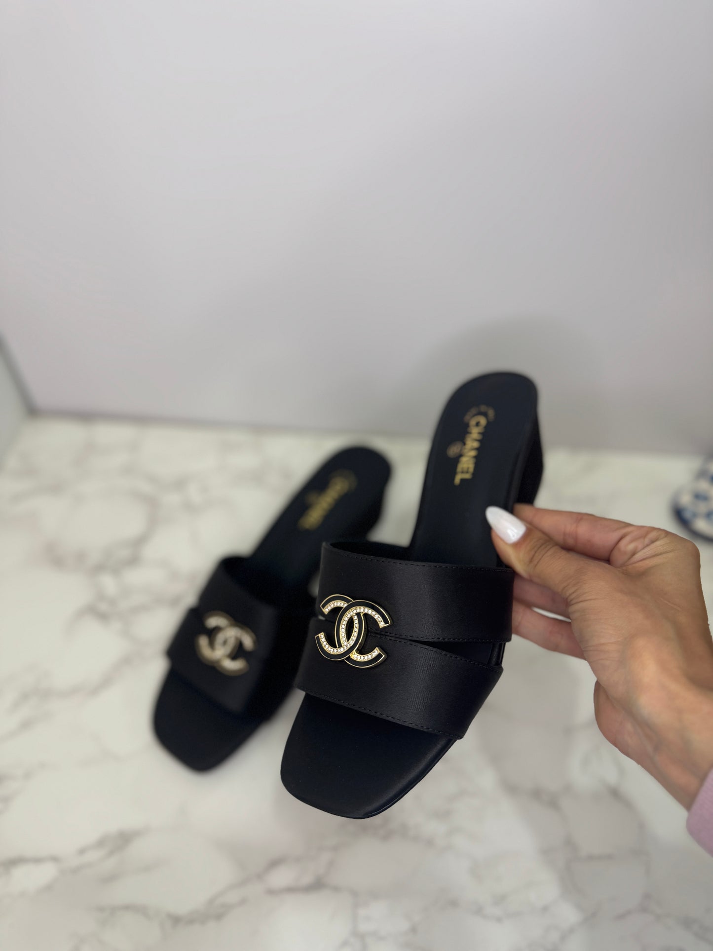 Satin block heel slide