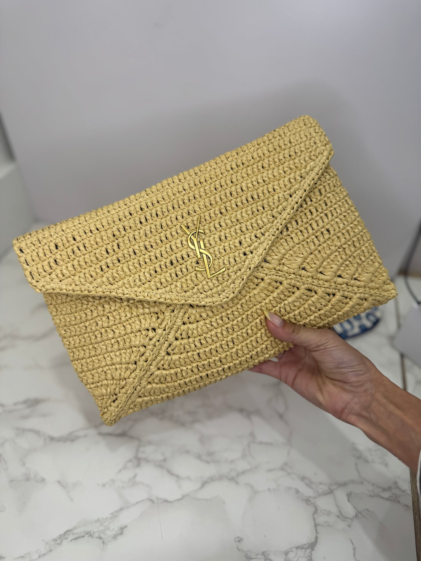 Raffia envelope clutch