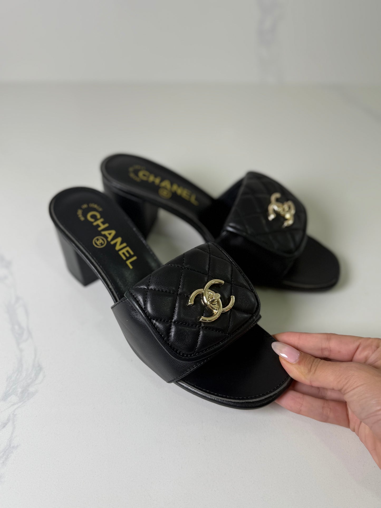 Fold over cc block heels